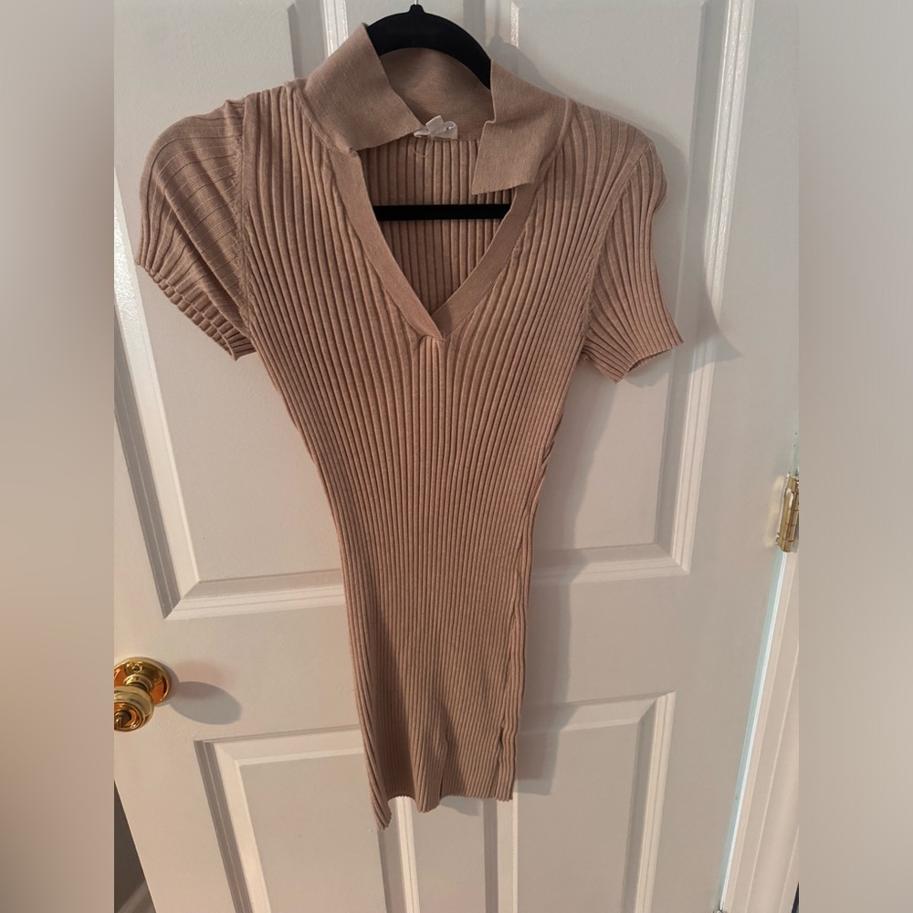 Le Lis Tan Ribbed Fitted Polo Bodysuit Dress